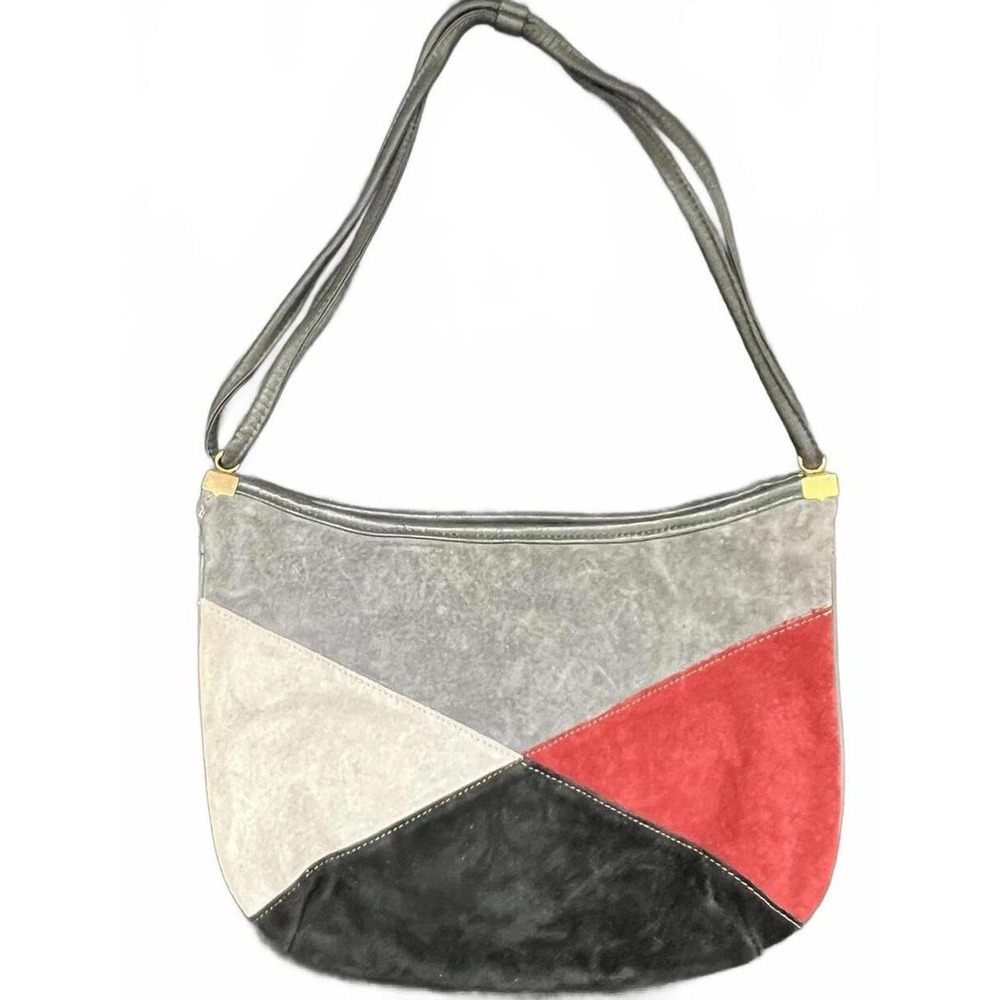 Vintage Shoulder Bag Multicolor Suede Color Block Geometric Patchwork OS
